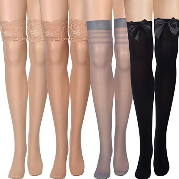 SILK Thigh High Stockings Women Lace Silicone Socks Satin Bow Top Sexy NWT - Picture 1 of 7